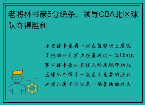 老将林书豪5分绝杀，领导CBA北区球队夺得胜利